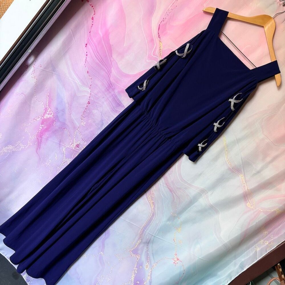 MSK 1X Navy Blue Formal Jumpsuit Rhinestones Open Sleeves Mardi Gras Glam Party